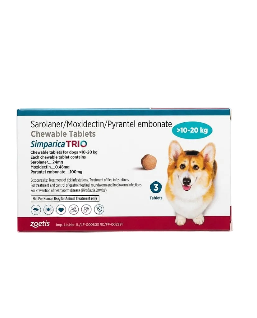 Zoetis Simparica Trio Dog Tick and Flea Control 3 Chewable Tablet For >10-20kg