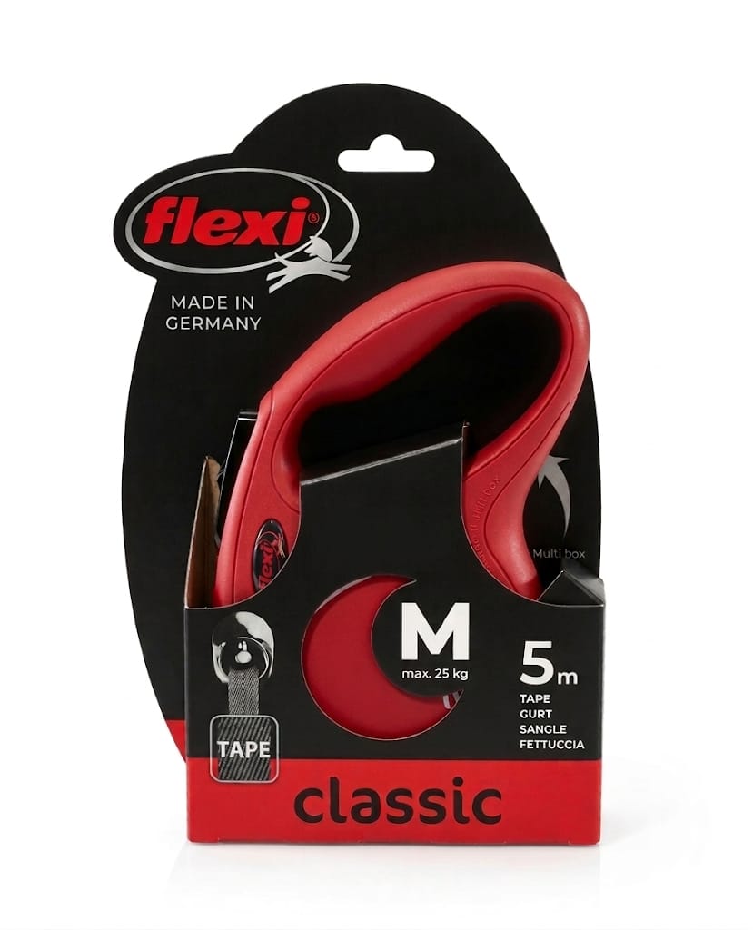 Flexi New Classic Retractable Dog Leash Red 5m | Size : Medium | Holds Max 25kg Dog Weight
