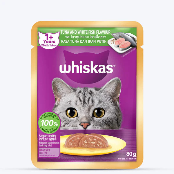 Whiskas Adult (1+ Year) Tuna and White Fish Wet Cat Food 80g (Pack of 14)