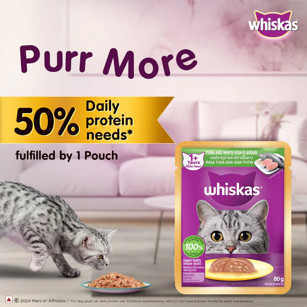 Whiskas Adult (1+ Year) Tuna and White Fish Wet Cat Food 80g (Pack of 14)