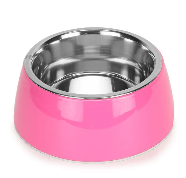 Basil Solid Pink Pet Feeding Bowl Set Melamine and Stainless Steel Small 400ml