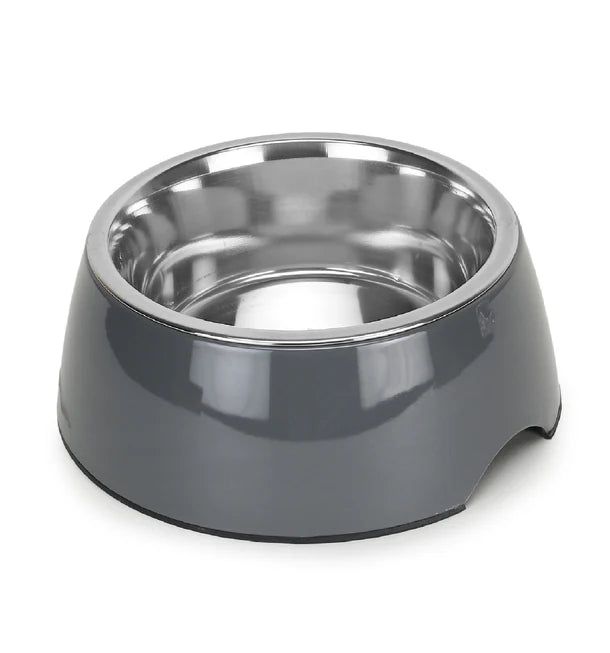 Basil Solid Grey Pet Feeding Bowl Set Melamine and Stainless Steel Large 1600ml