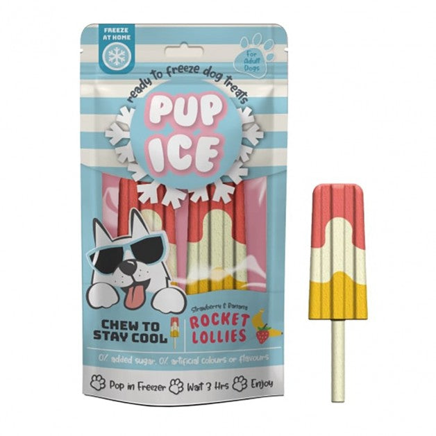 Pup Ice Meat free Vegan Ready to Freeze Rocket Lollies Adult Medium Dog Treat Strawberry and Banana Flavor