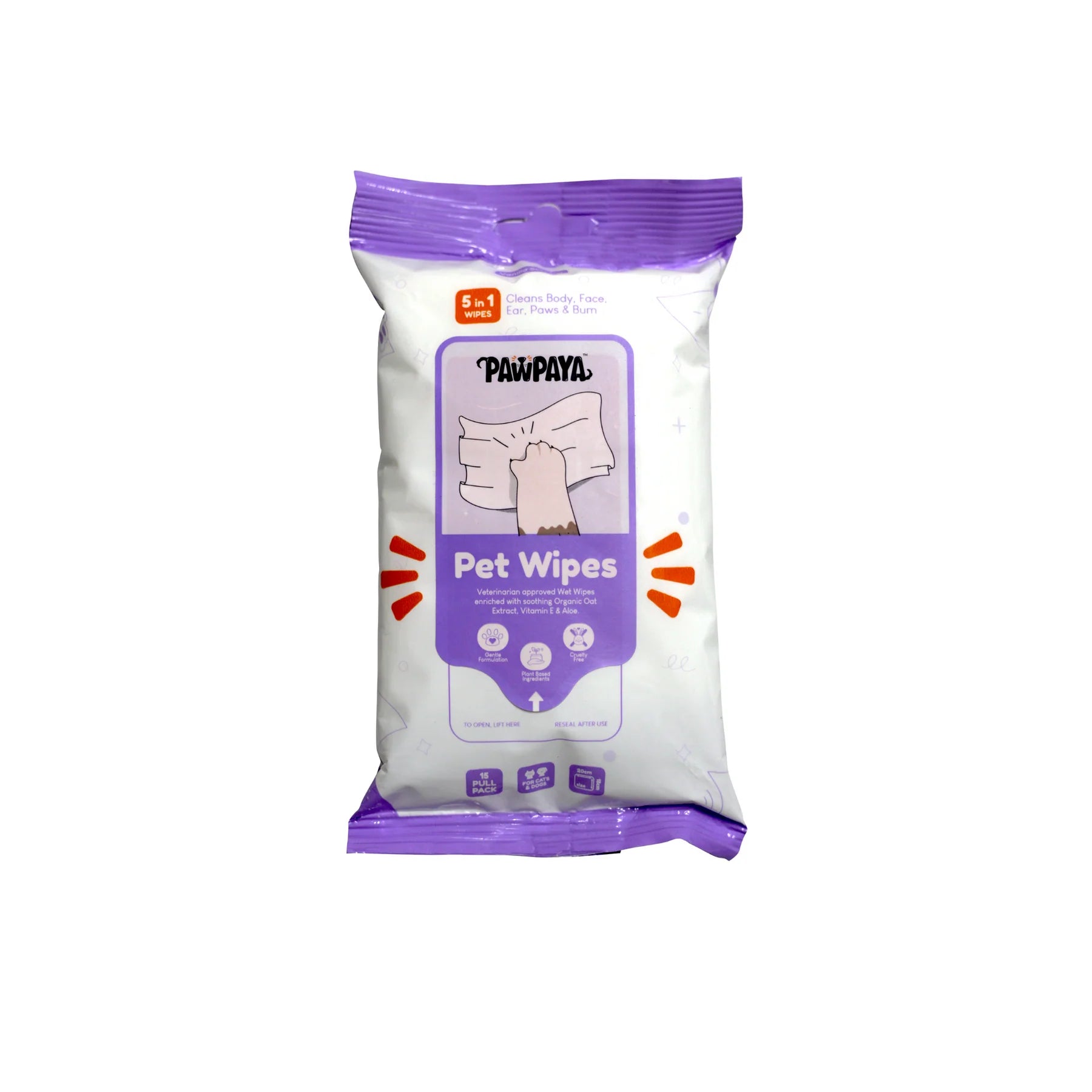 Pawpaya Pet Wipe Vegan & Cruelty-Free For Dogs & Cats 15 Pull Pack