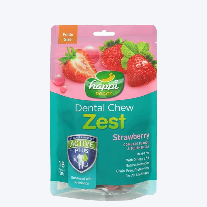 Happi Doggy Dental Chew - Zest - Strawberry Vegetarian & Sustainable Treat For Dogs 150g