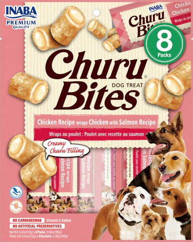 Inaba Churu Bites Creamy Chicken Recipe Wrap Chicken with Salmon Recipe Grain Free Treat For Dogs 8 Tubes inside Pack 96g
