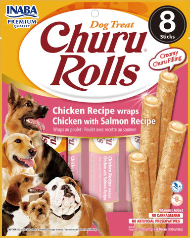 Inaba Churu Rolls Chicken Recipe Wraps Chicken with Salmon Recipe Grain Free Treat For Dogs 8 Tubes Inside Pack 96g