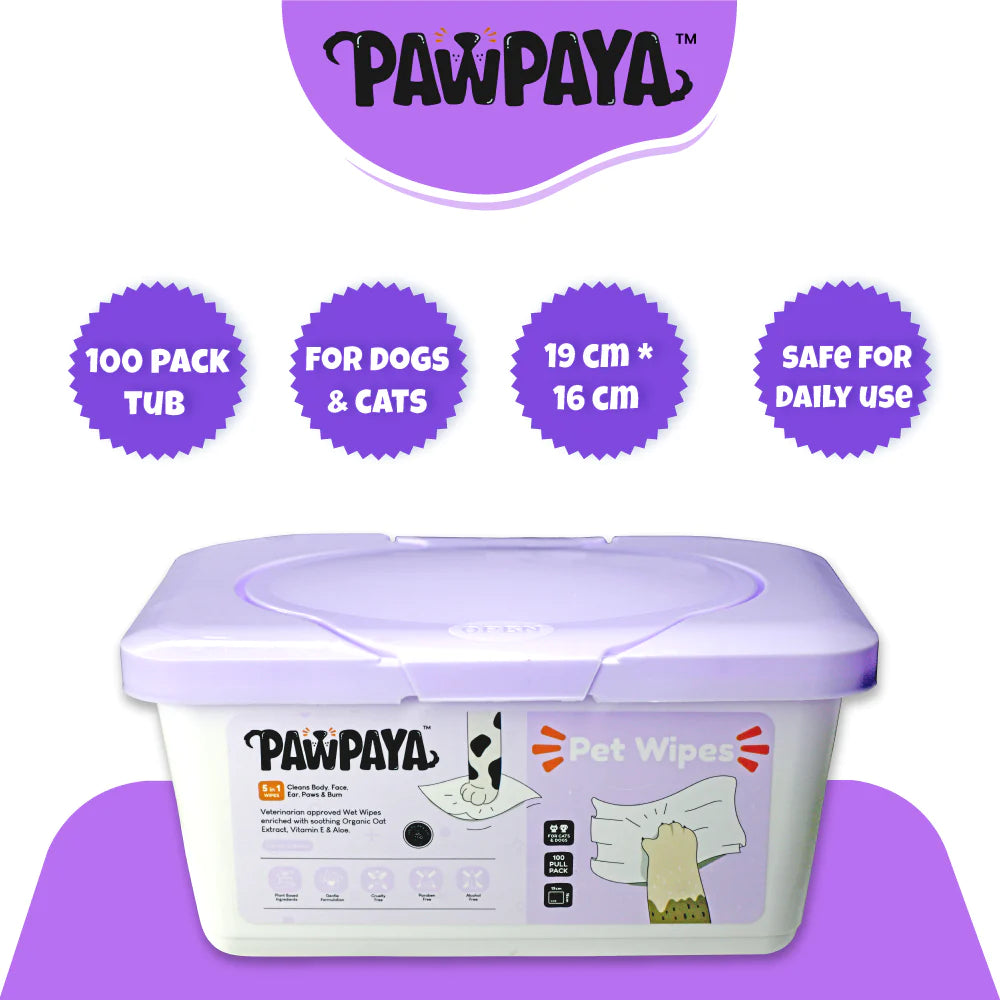 Pawpaya Pet Wipes Vegan & Cruelty-Free For Cats & Dogs 100 Wipes Tub