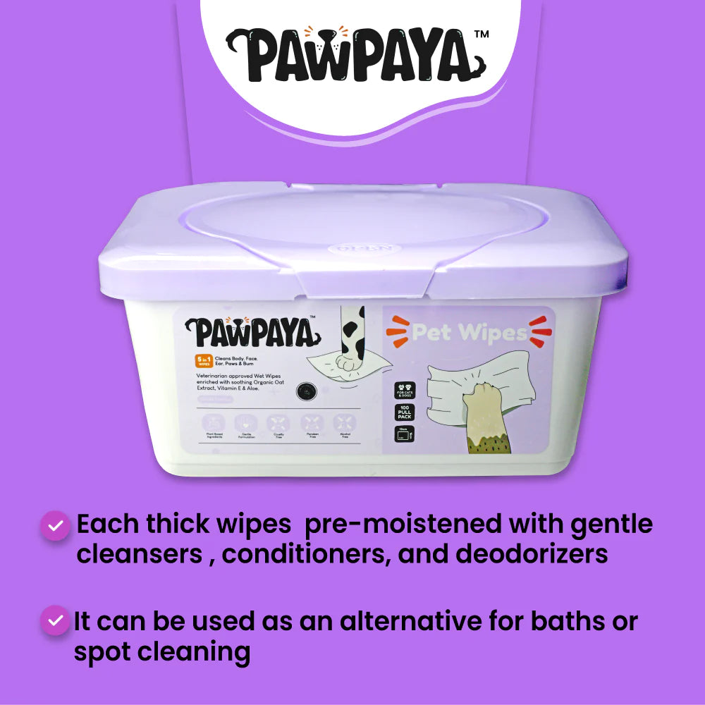 Pawpaya Pet Wipes Vegan & Cruelty-Free For Cats & Dogs 100 Wipes Tub